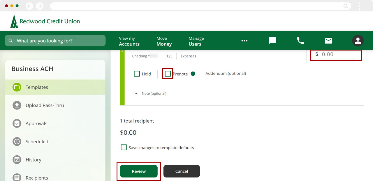 Scheduling ACH templates in mobile, step 3