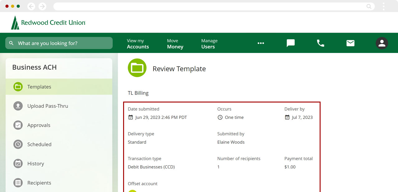 Scheduling ACH templates in mobile, step 4