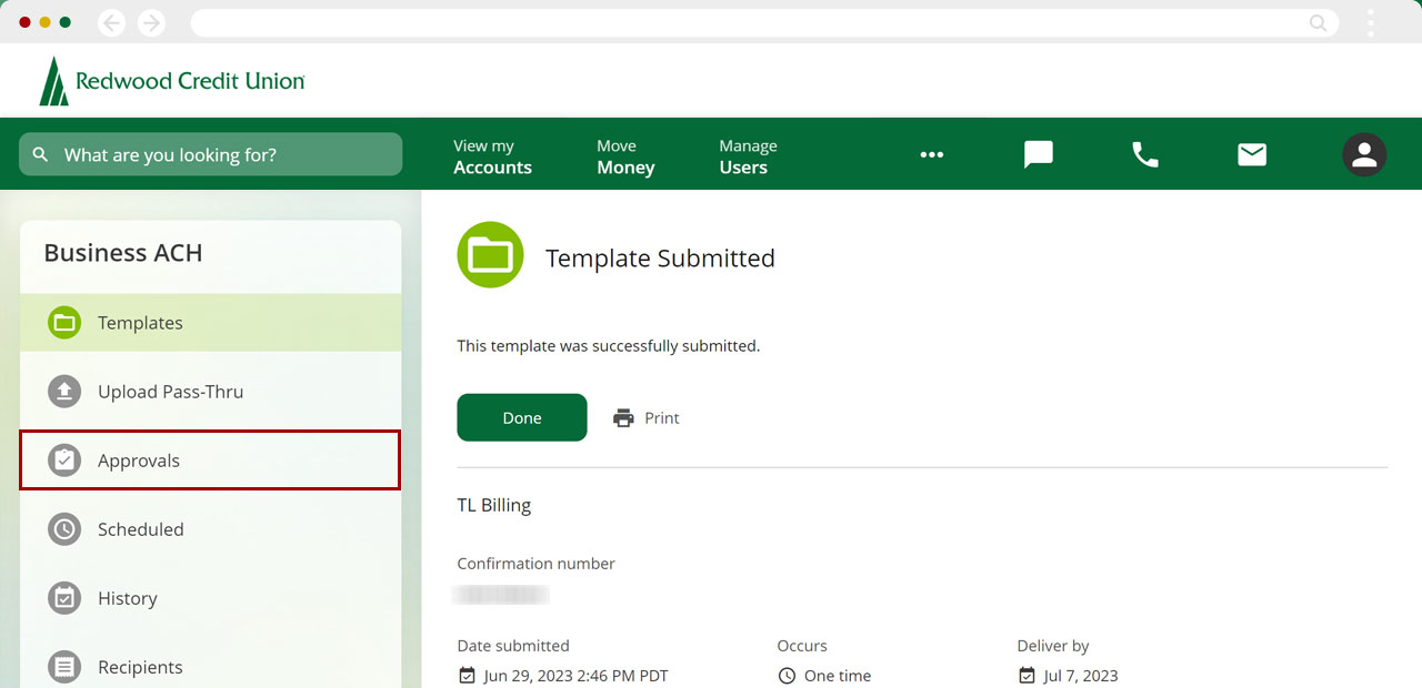 Scheduling ACH templates in mobile, step 5