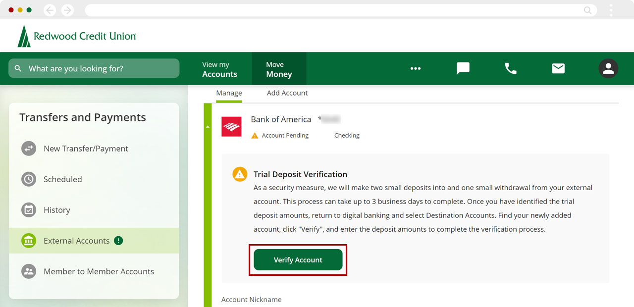 Verifying account with micro deposits in desktop, step 2