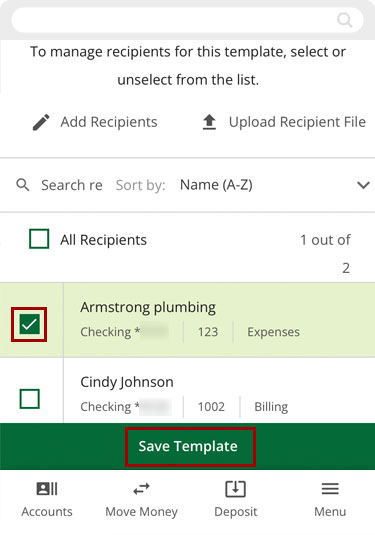 Adding recipients to templates and sending prenotes in mobile, step 3