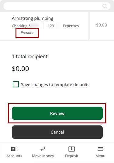 Adding recipients to templates and sending prenotes in mobile, step 9