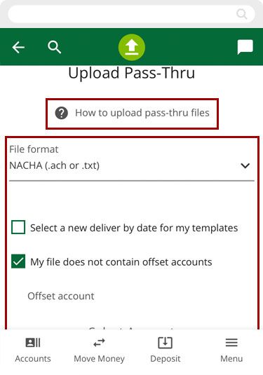 Uploading a pass-thru file in mobile, step 2