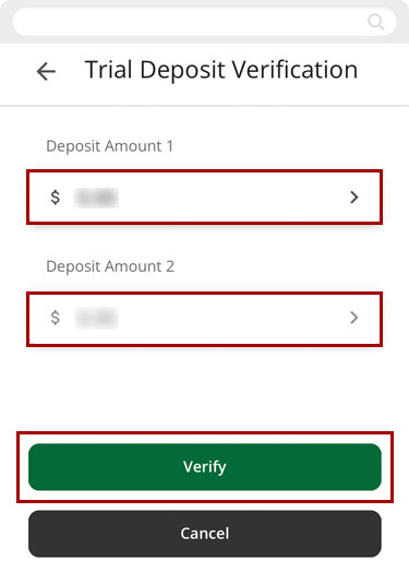 Verifying account with micro deposits in mobile, step 5