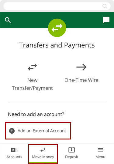Adding an external account in mobile, step 1