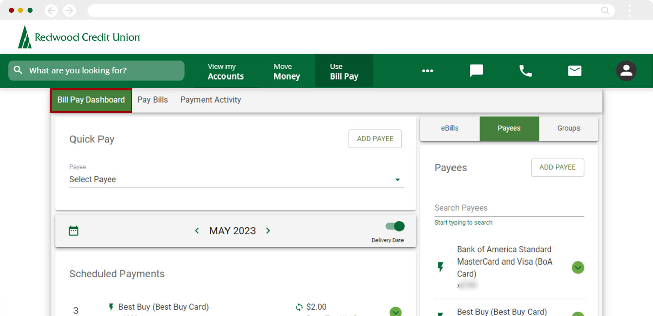 Screenshot of the Bill Pay Dashboard