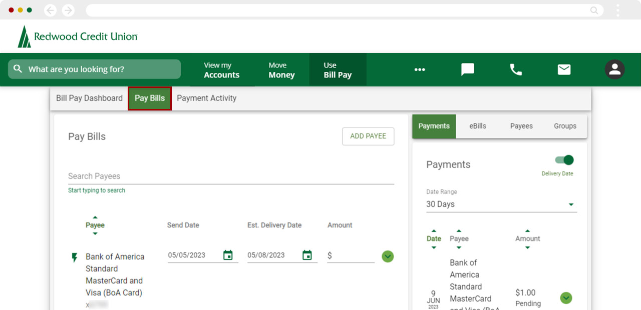 Screenshot of the Pay Bills screen