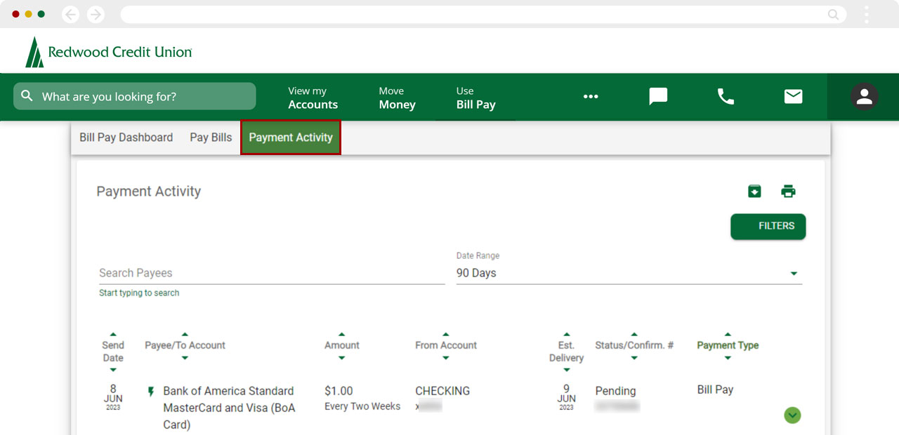 Screenshot of the Payment Activity screen