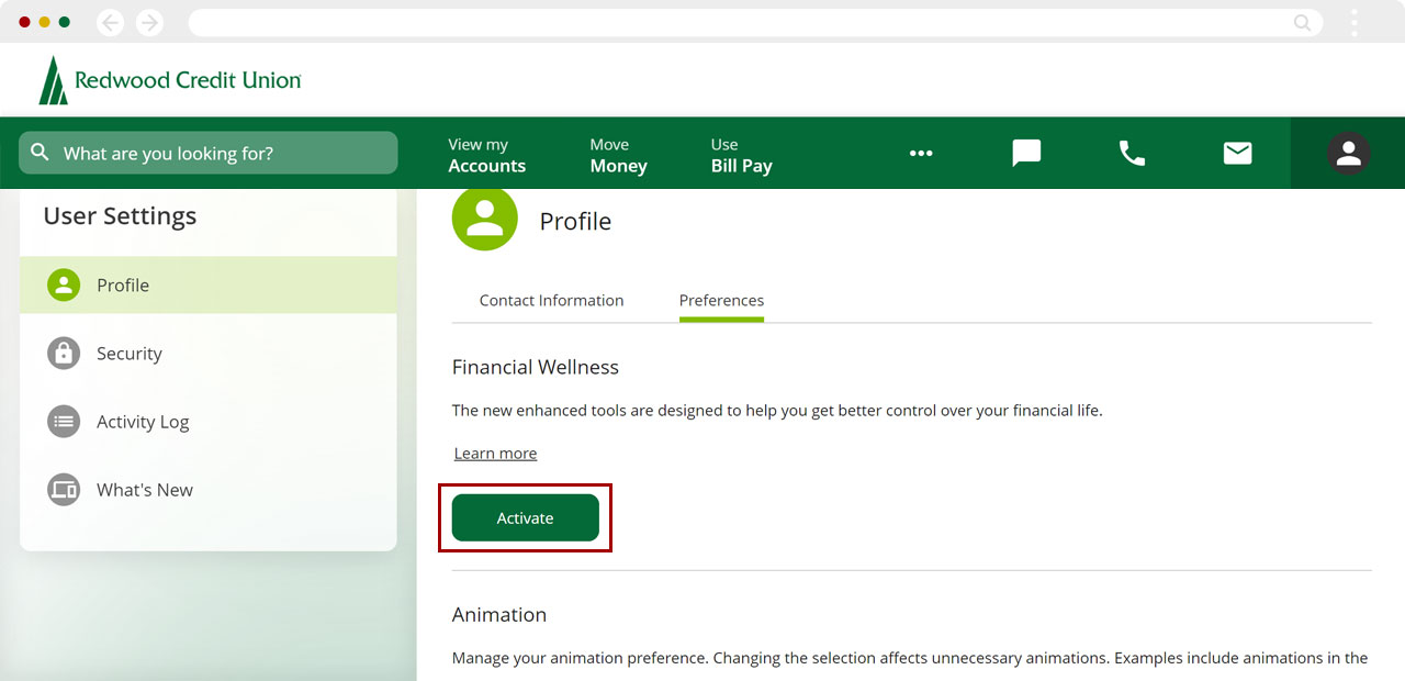 Activating the Financial Wellness feature in desktop, step 4