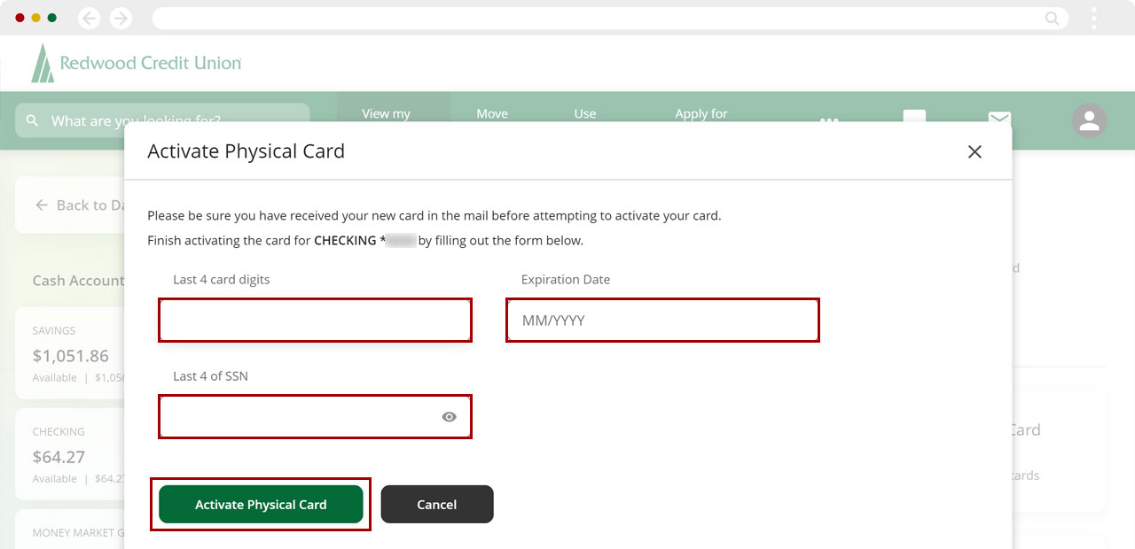 Activating a physical card in digital banking on desktop, step 4