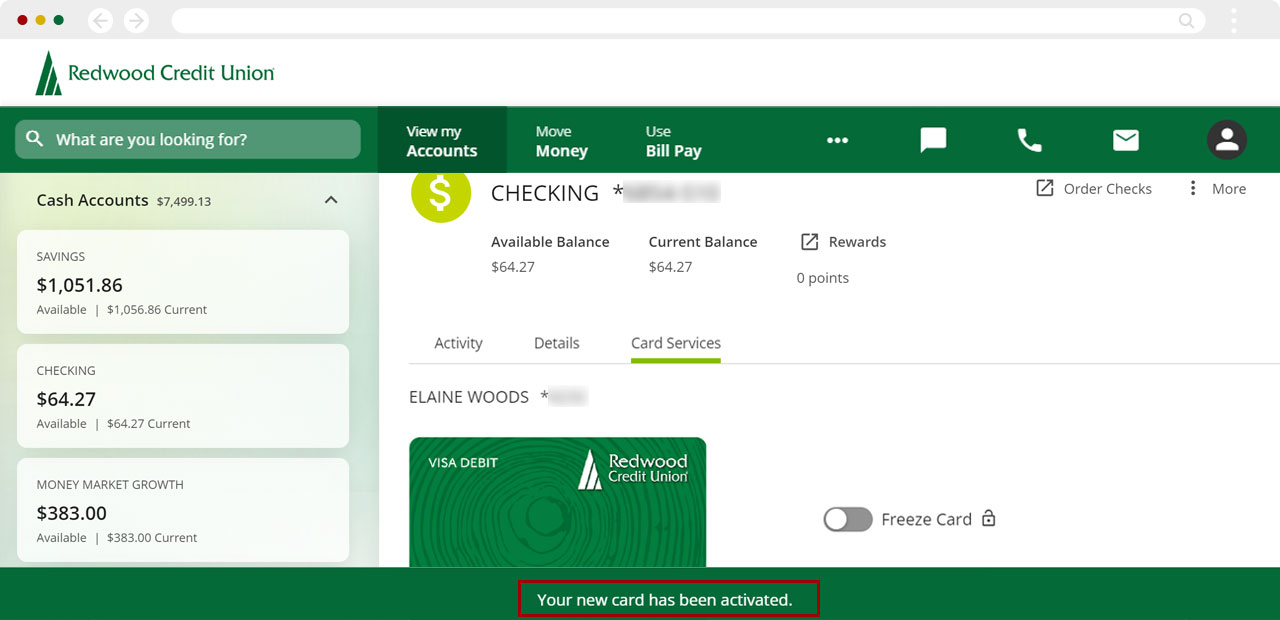 Activating a physical card in digital banking on desktop, step 5