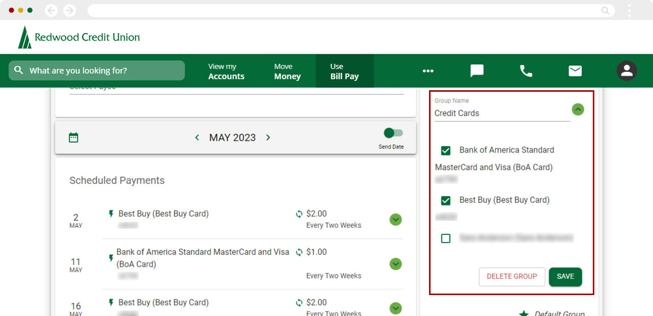 Deleting or changing groups in bill pay in desktop, step 2