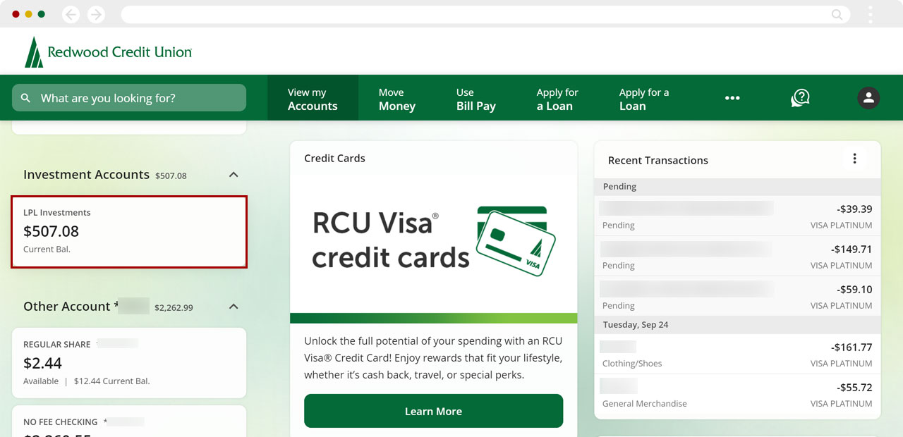Accessing investment account details in digital banking using a desktop computer, step 3