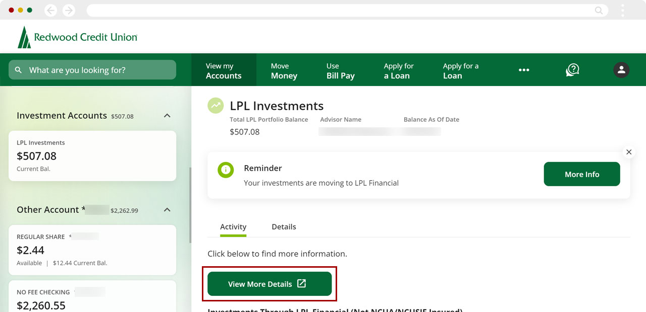 Accessing investment account details in digital banking using a desktop computer, step 4