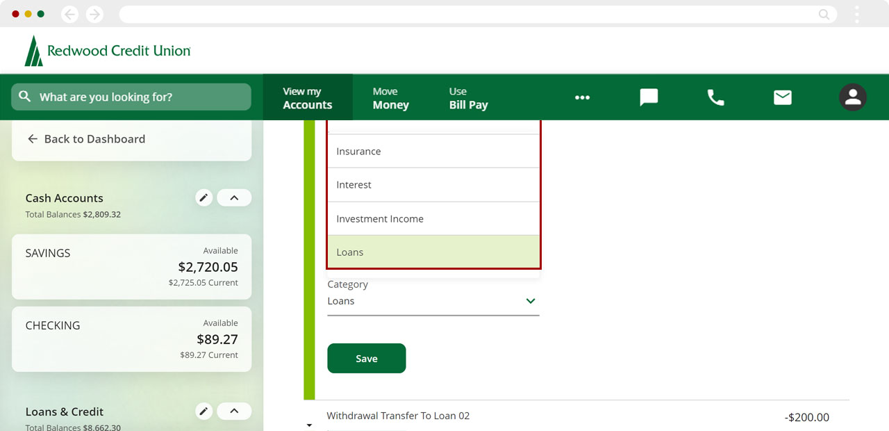 Recategorizing transactions in the account list on desktop, step 4