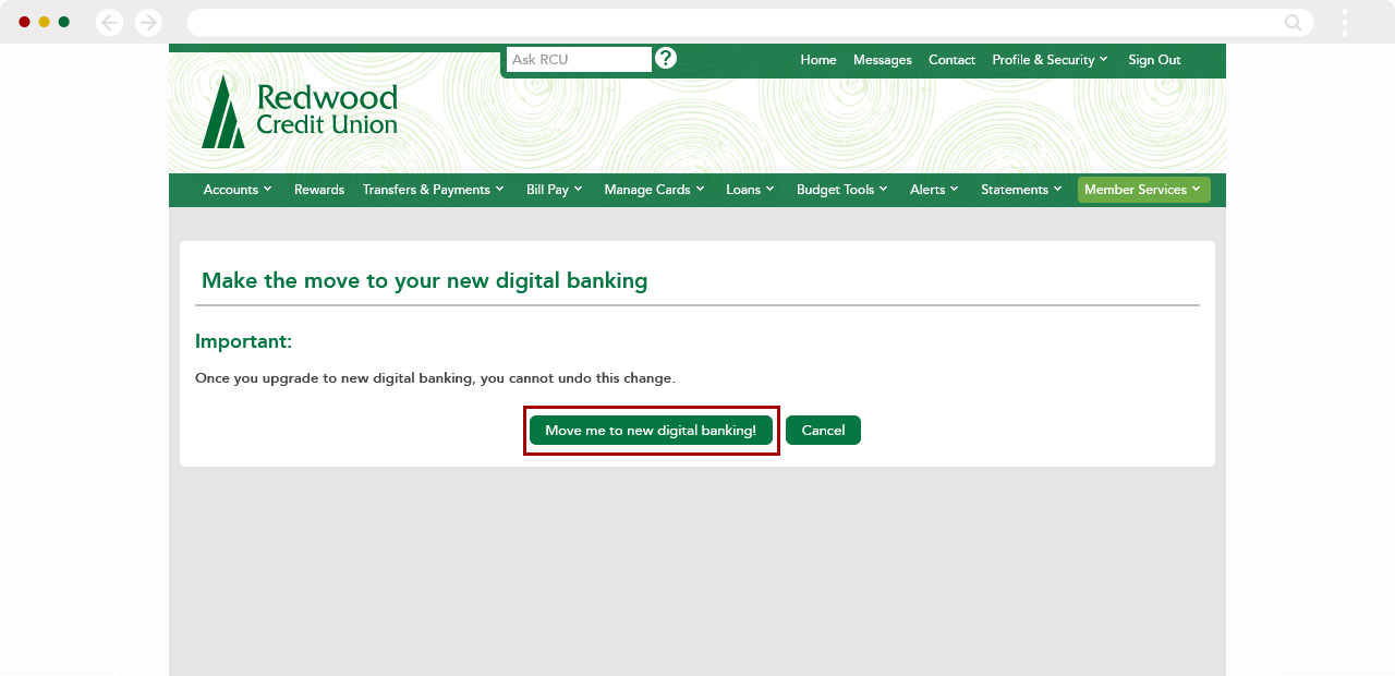 Switch a single account to the new RCU digital banking in desktop, step 3