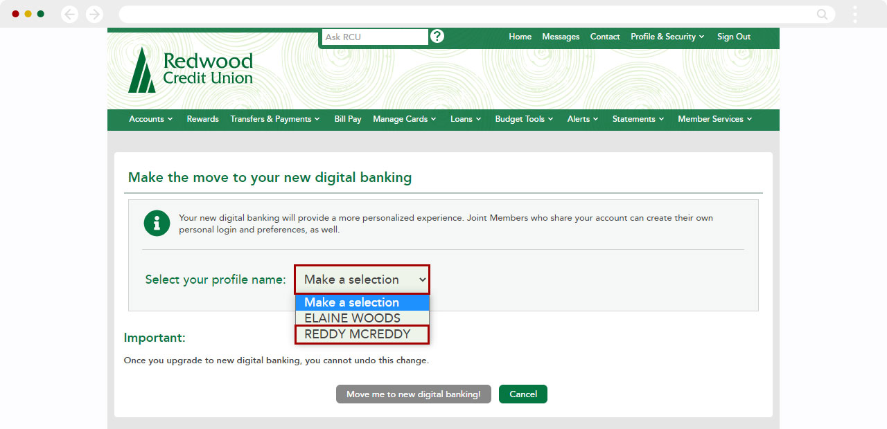 Switch multiple to the new RCU digital banking in desktop, step 3