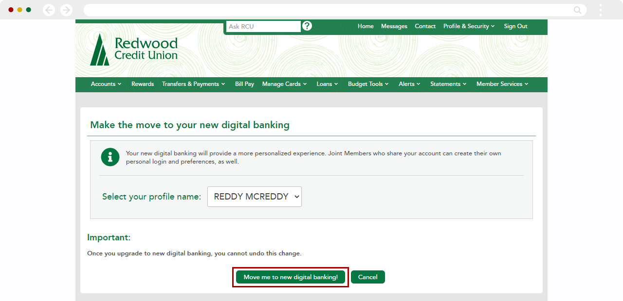 Switch multiple to the new RCU digital banking in desktop, step 4