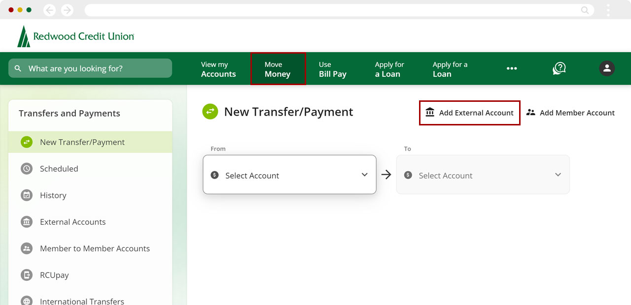 Setting up external transfers on desktop, step 1