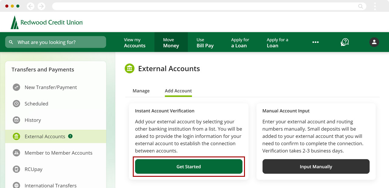 Setting up external transfers using Instant Account Verification on desktop, step 1