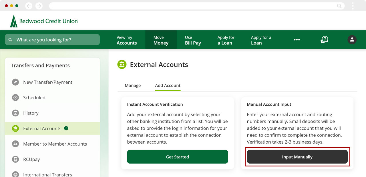 Setting up external transfers manually on desktop, step 1