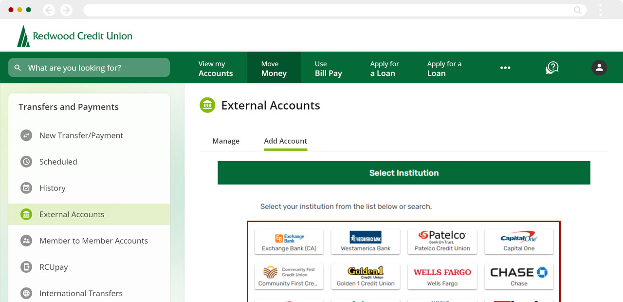 Setting up external transfers using Instant Account Verification on desktop, step 2