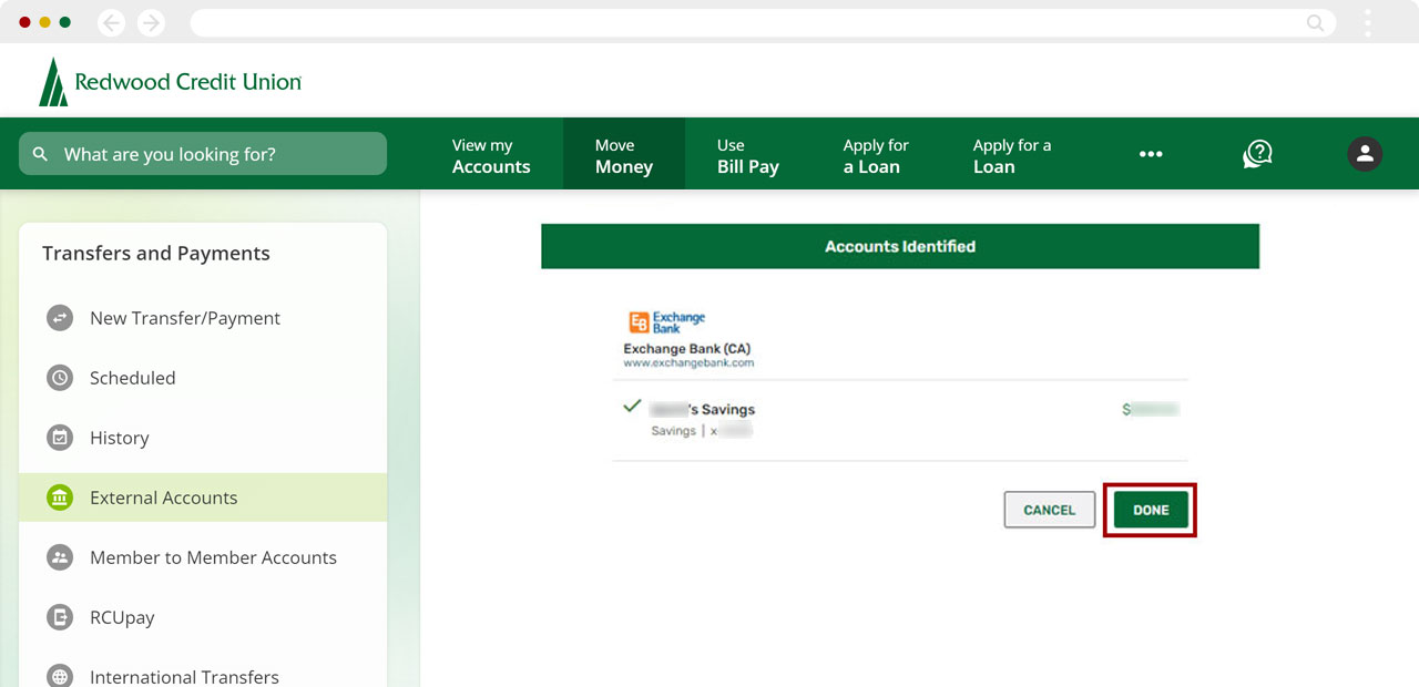 Setting up external transfers using Instant Account Verification on desktop, step 5
