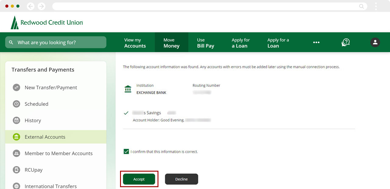 Setting up external transfers using Instant Account Verification on desktop, step 6