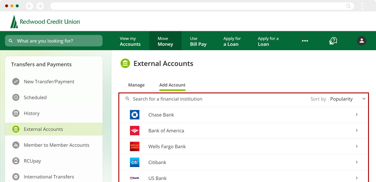 Setting up external transfers manually on desktop, step 2