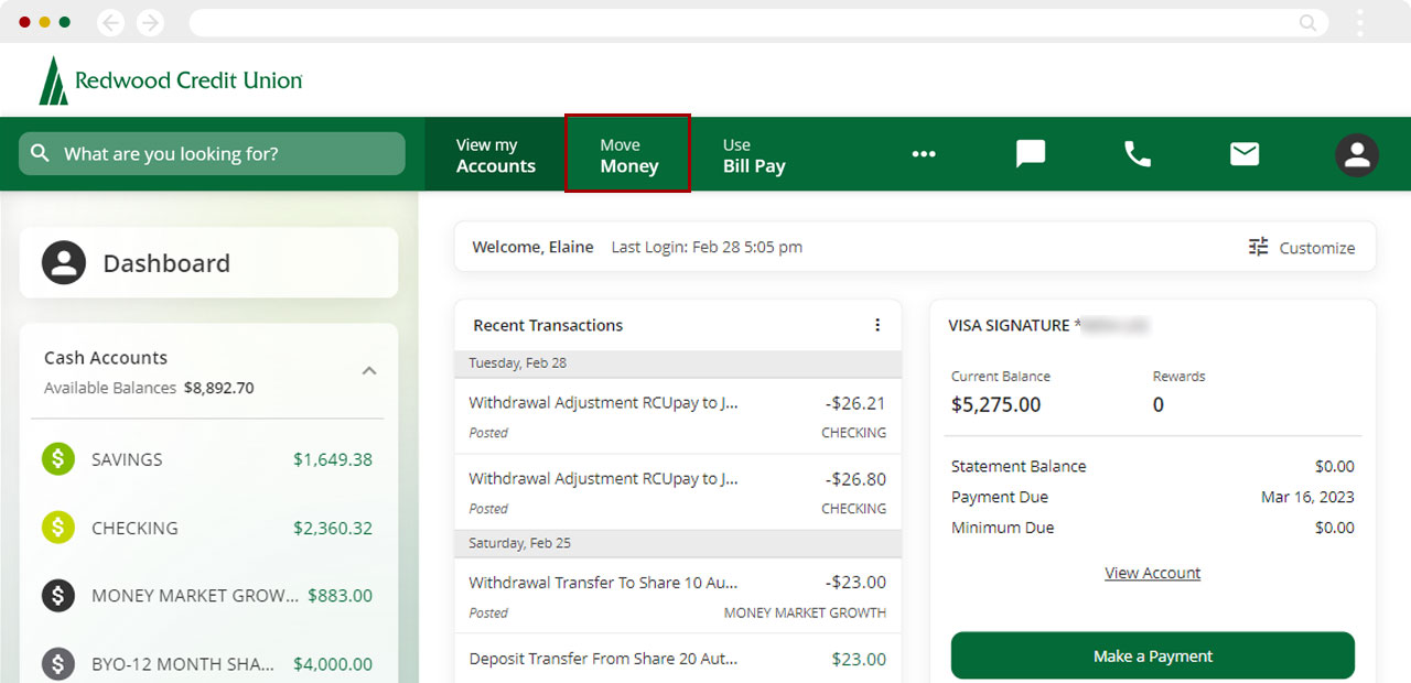 Screenshot of RCU's digital banking dashboard clicking on Move Money