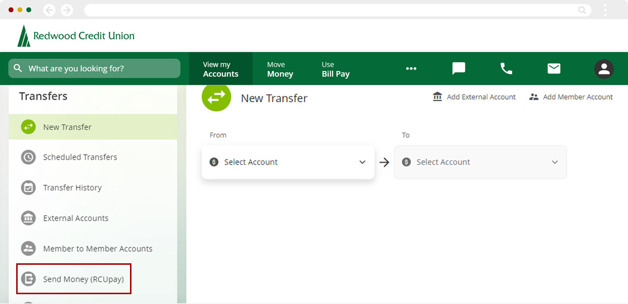 Screenshot of RCU's digital banking dashboard clicking on Send Money (RCUpay)