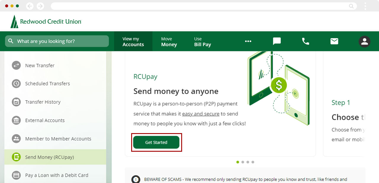 Screenshot of RCU's digital banking dashboard clicking on Get Started