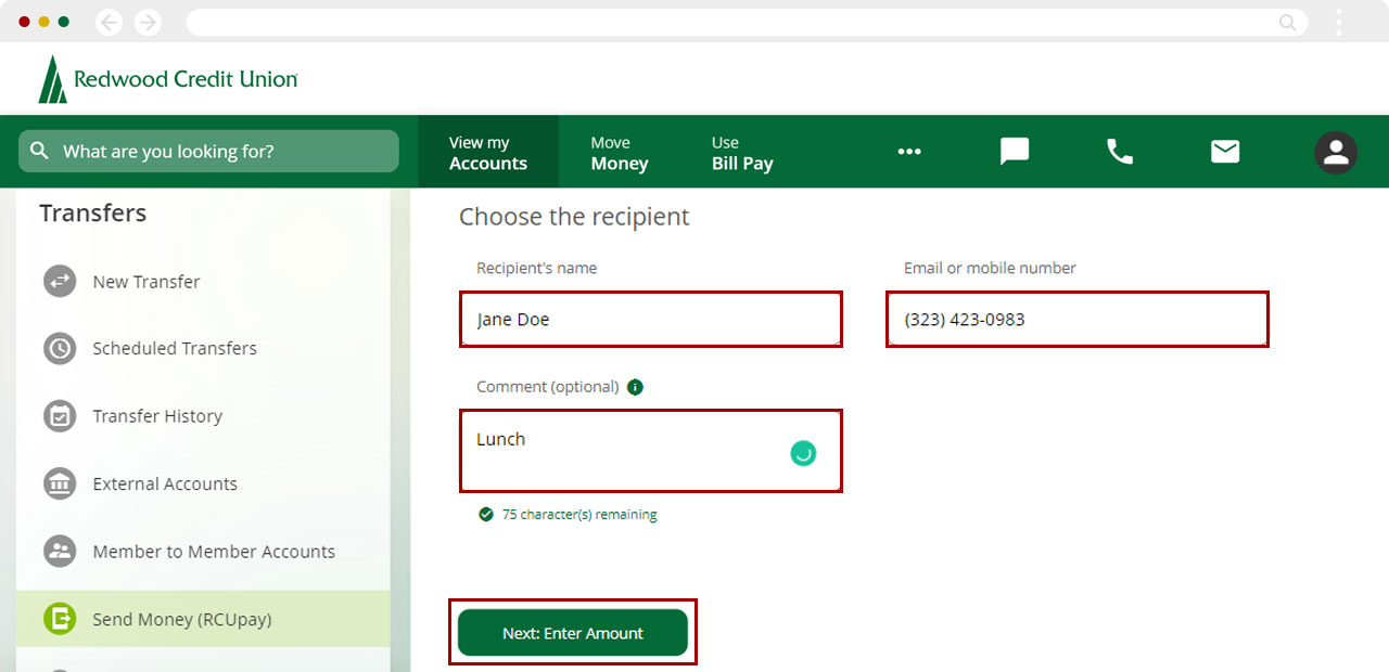 Screenshot of RCU's digital banking dashboard highlighting the input fields needed on this step