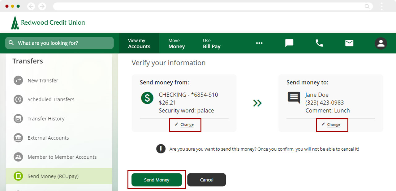 Screenshot of RCU's digital banking dashboard highlighting the the Edit and Send Money links