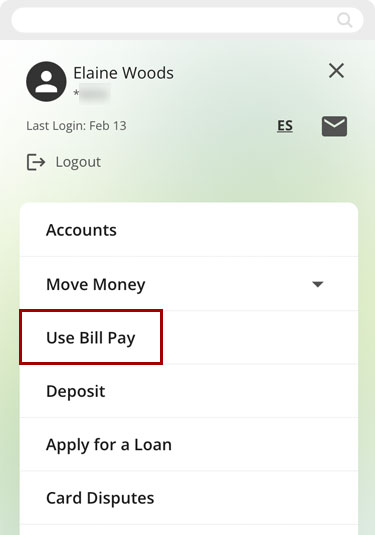 Accessing Bill Pay in mobile, step 2