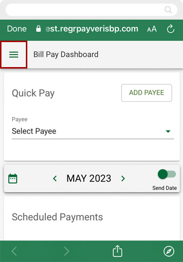 Screenshot of hamburger menu in Bill pay