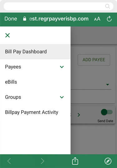 Screenshot of opened hamburger menu in Bill Pay