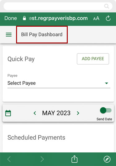 Screenshot of the Bill Pay Dashboard