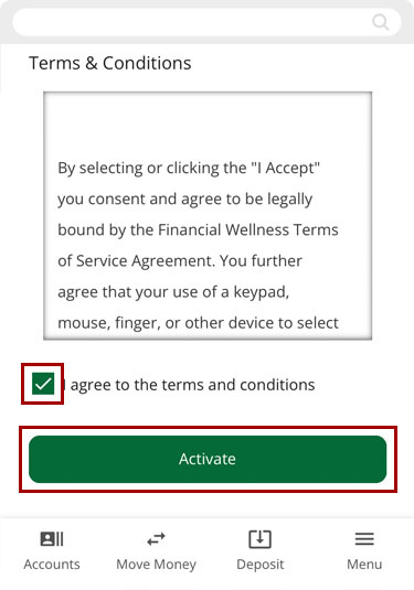 Activating the Financial Wellness feature in mobile, step 5
