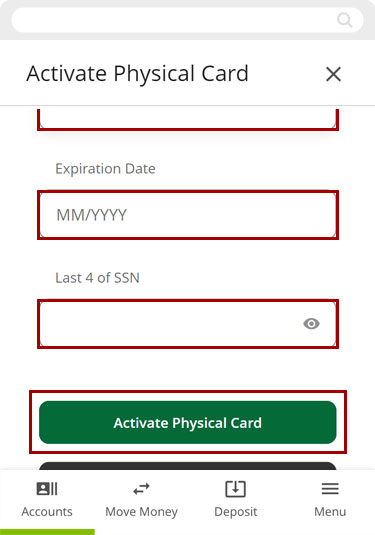 Activating a physical card in digital banking in mobile, step 4
