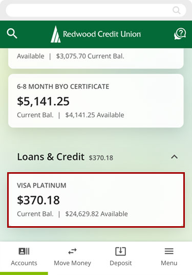 Adding an RCU debit or credit card to Google Pay using RCU’s digital banking app, step 1