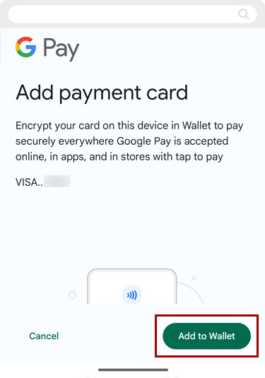 Adding an RCU debit or credit card to Google Pay using RCU’s digital banking app, step 4