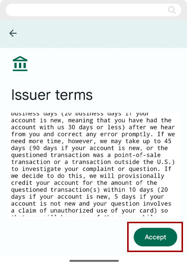 Adding an RCU debit or credit card to Google Pay using RCU’s digital banking app, step 5