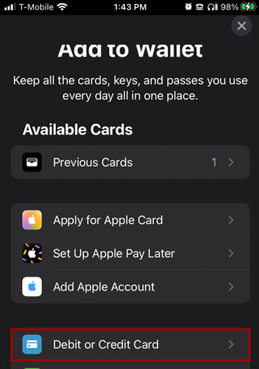 Adding a card to Apple Wallet in mobile, step 3