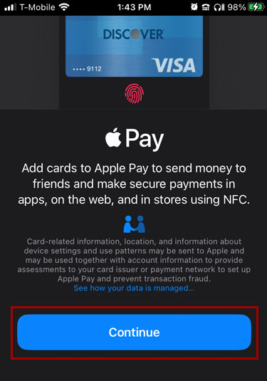 Adding a card to Apple Wallet in mobile, step 4