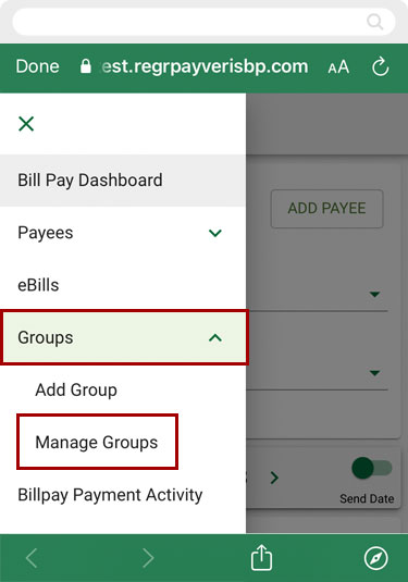 Deleting or changing groups in bill pay in mobile, step 1