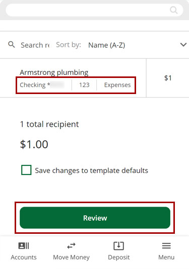 Scheduling ACH templates in mobile, step 4