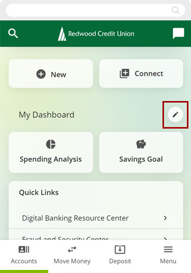 Customize your dashboard on mobile, step 1