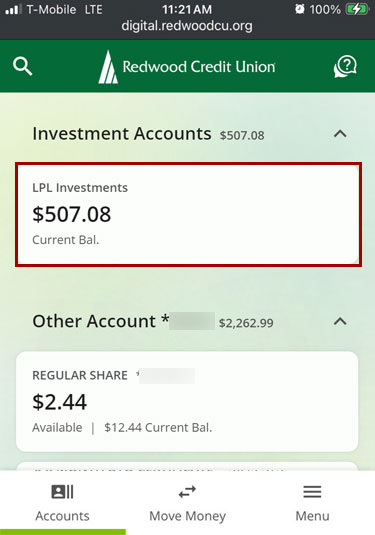 Accessing investment account details in digital banking using a mobile browser, step 3