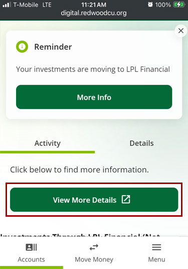 Accessing investment account details in digital banking using a mobile browser, step 4